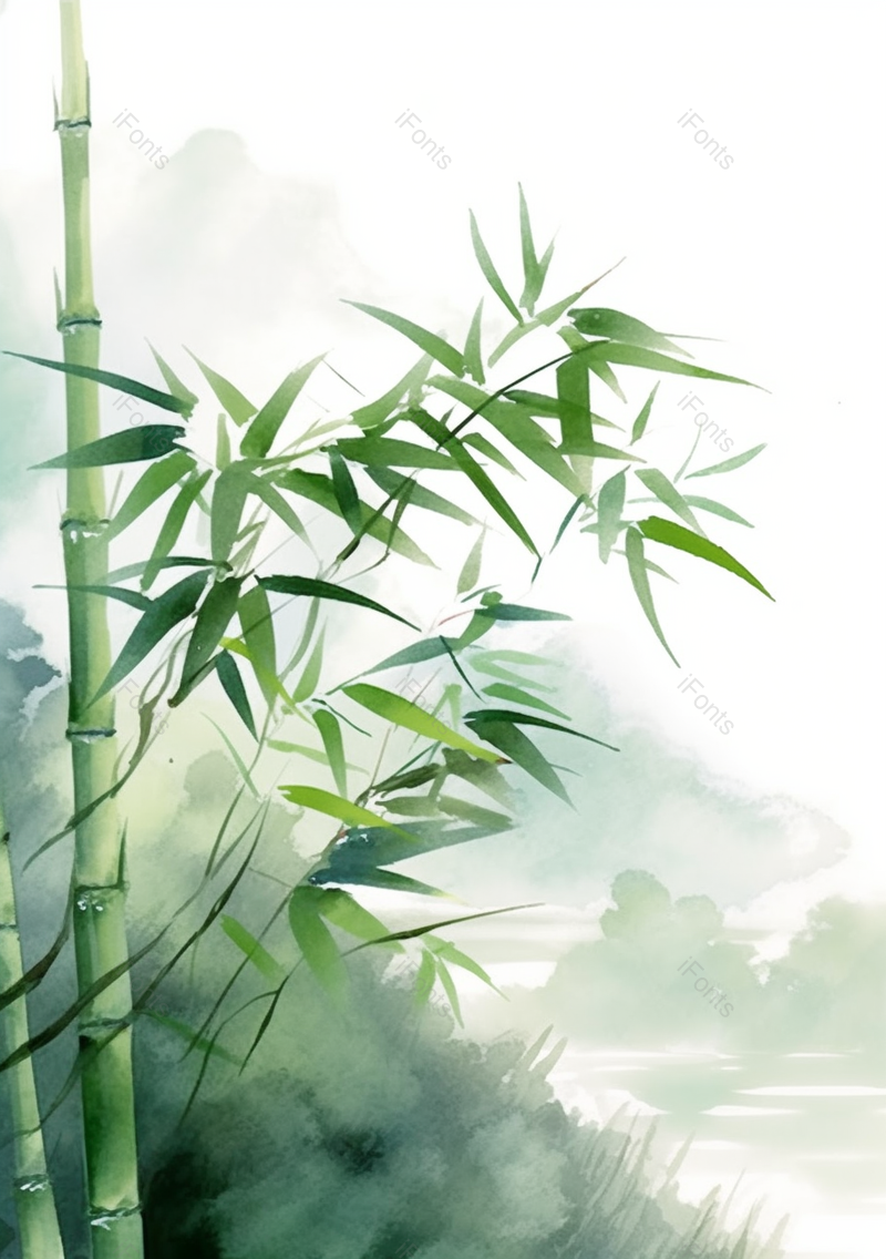 中国风水彩画彩色水彩插画竹林竹子翠绿色的竹叶远处山峰雾气弥漫的背景插画,插画/手绘图,插画/手绘图库,插画/手绘图下载,插画/手绘